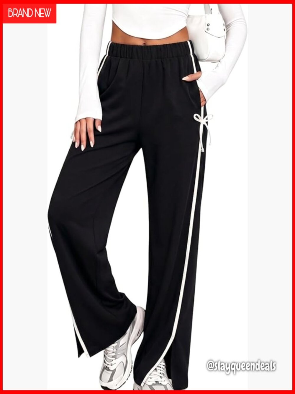 Black Wide-Leg Track Pants with White Side Stripe and Tie Detail